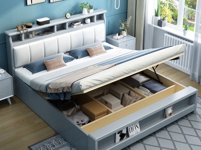 北欧日式实木双人床小夜灯床现代简约气压高箱抽屉储物床婚床