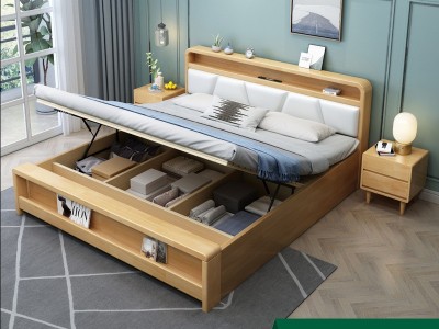 北欧实木床1.8米双人现代轻奢简约气压高箱体床储物家用1.5米单人