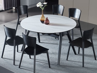 北欧实木餐椅岩板餐桌组合 方圆两家用岩板小户型餐桌可伸缩折叠