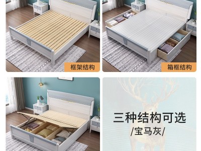 现代简约轻奢实木双人床1.8米1.5m欧式极简主卧高箱压纹橡木婚床图3
