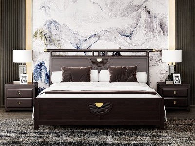 半简乌金木实木床1.8米双人床主卧婚床2×2米2大床卧室新中式