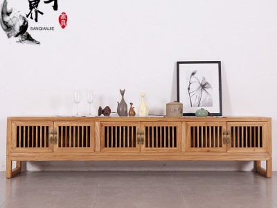 新中式电视柜老榆木免漆实木镂空地柜客厅装饰实木禅意家具茶室柜