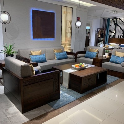 新中式实木沙发组合样板房客厅复古雕花家具现代中式布艺别墅沙发