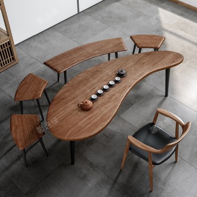 实木茶桌阳台泡茶桌椅组合创意弧形实木桌子办公室会客胡桃色茶桌