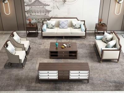 新中式实木沙发组合客厅布艺简约现代禅意别墅会所售楼家具