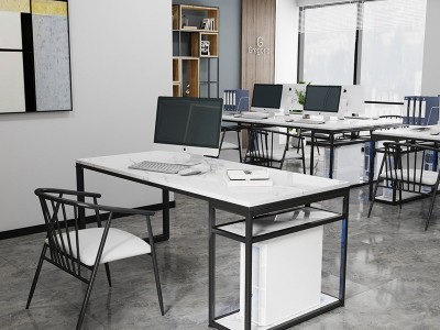 工作室大理石工作台 创意台式电脑桌职员多人位带主机收纳办公桌