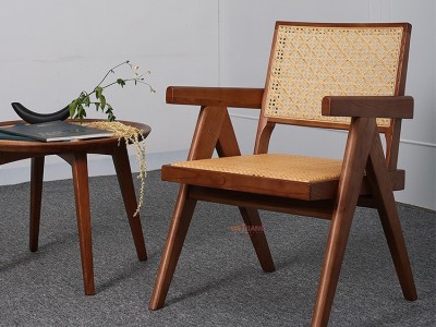 北欧实木复古ins藤编餐椅日式家用简约餐桌椅子昌迪加尔靠背椅