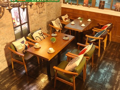 北欧复古咖啡厅沙发 双人皮沙发 Z形椅 茶餐厅西餐厅桌椅沙发组合图2