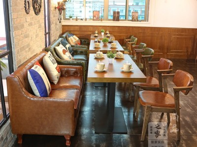 北欧复古咖啡厅沙发 双人皮沙发 Z形椅 茶餐厅西餐厅桌椅沙发组合