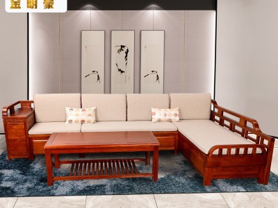 实木沙发客厅家具中式现代转角沙发小户型海棠木贵妃榻+茶几图2