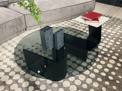 现代简约圆形茶几组合轻奢钢化玻璃茶桌侘寂风客厅边几厂家直供图2