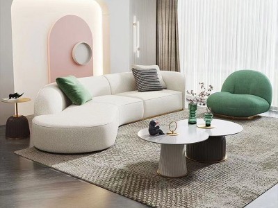 北欧弧形羊羔绒沙发组合 现代家用客厅沙发绒布美容院休息区沙发