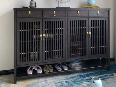 新中式玄关入户鞋柜 禅意二三门玄关鞋储物橱门口多功能客厅家具图2