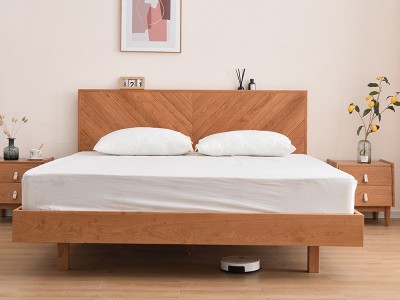 北欧日式樱桃木床1.5M1.8M 鱼骨简约风格全实木双人卧室床