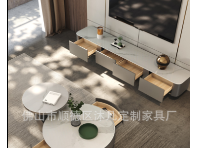 意式岩板子母圆茶几电视柜组合现代简约客厅小户型圆茶几桌子地柜图4
