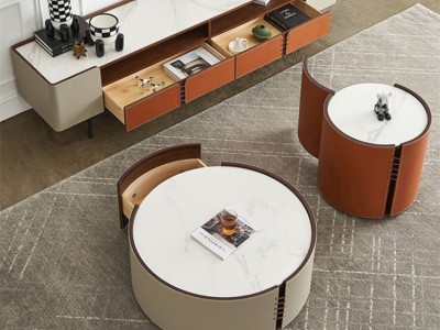 现代简约马鞍皮大小圆桶形茶几岩板可储物客厅沙发茶几地柜组合