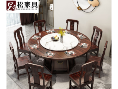 中式乌金木餐桌一桌八椅带转盘家用1.4m1.6米实木圆形餐桌椅批发图1