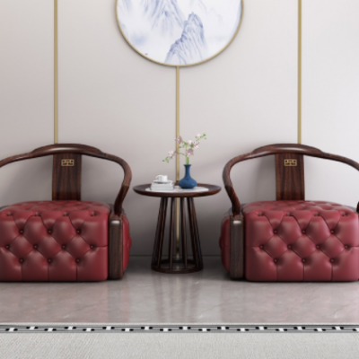 新中式实木圈椅现代简约乌金木休闲椅家用真皮沙发椅阳台椅三件套