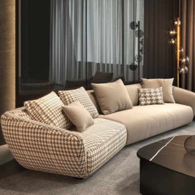意式极简异形转角布艺沙发客厅家具现代简约新款千鸟格科技布沙发