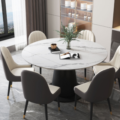 意式轻奢岩板餐桌家用小户型长方形可变圆饭桌北欧岩板餐桌椅组合