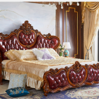 欧式真皮床1.8米全实木雕花双人床婚床美式主卧2.0米大床别墅家具