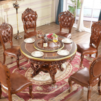 欧式全实木餐桌大理石面圆餐桌豪华别墅高档餐桌1.5米餐桌