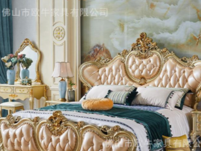 欧式真皮床1.8米全实木雕花双人床婚床法式主卧大床别墅金色奢床