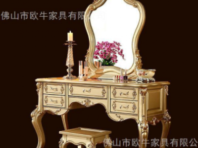欧式实木梳妆台 美式别墅田园卧室化妆桌妆镜组合描金银雕花妆台