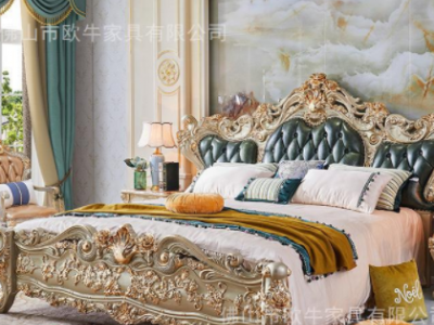 欧式奢华真皮床1.8米大户型别墅主卧室实木床2米公主床金色家具