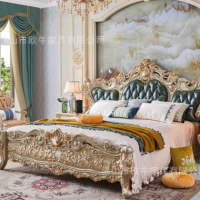欧式奢华真皮床1.8米大户型别墅主卧室实木床2米公主床金色家具