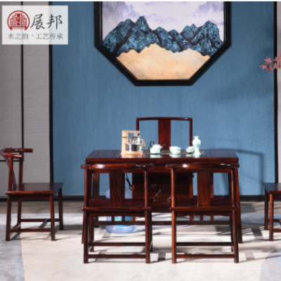 红木茶桌 印尼黑酸枝阔叶黄檀茶桌一桌五椅组合 小户型新中式茶台
