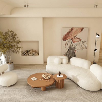 北欧奶油风布艺沙发组合小户型客厅羊羔绒弧形沙发网红公寓沙发