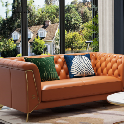 意式轻奢客厅成套组合休闲沙发橙色皮艺时尚拉扣单人双人三人沙发
