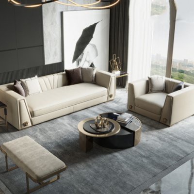 轻奢客厅组合成套沙发 后现代时尚浅灰色皮艺单双三人可拆洗加厚