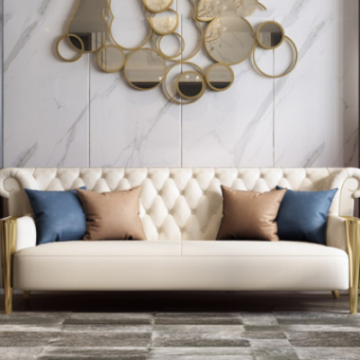 美式客厅米色皮艺沙发组合轻奢时尚休闲拉扣不锈钢设计师网红款式