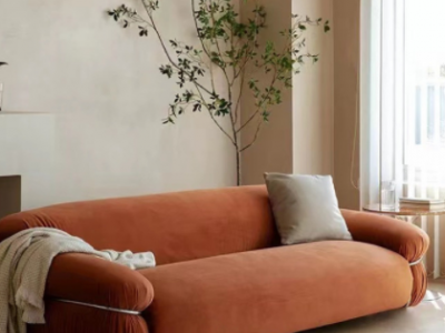 侘寂风北欧设计师极简Sesann橙色布艺舒适客厅小户型直排三人沙发