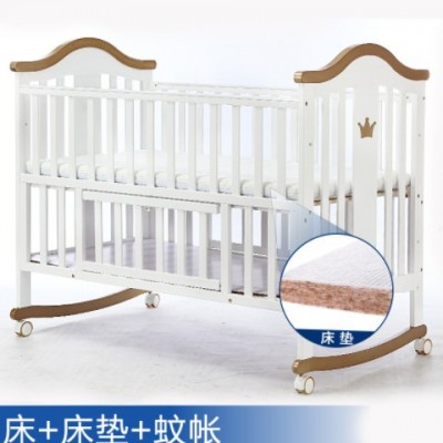 呵宝婴儿床实木欧式宝宝摇床带滚轮多功能松木加大游戏bb白床批发