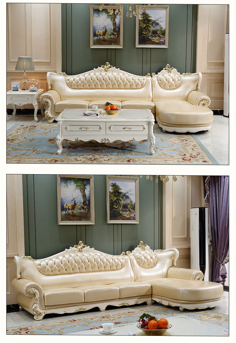 欧式客厅组合真皮沙发 转角头层牛皮沙发 实木雕花奢华橡牙白沙发示例图11