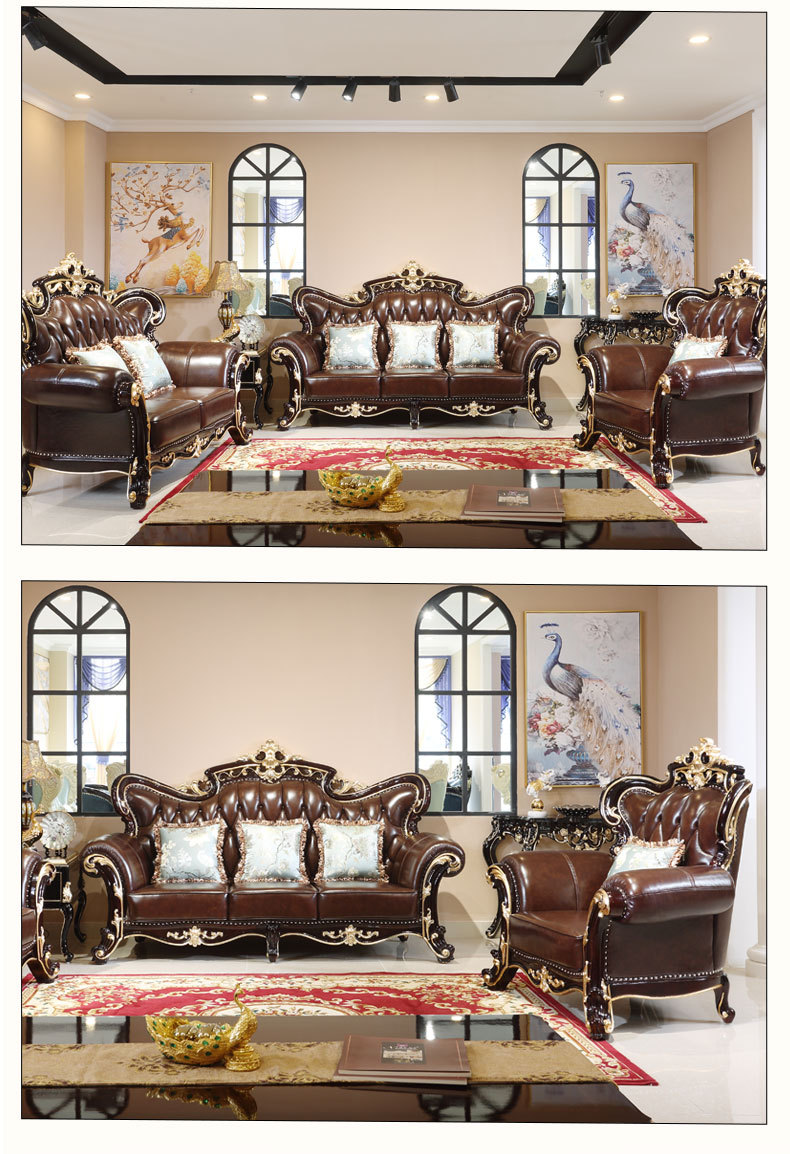 欧式真皮沙发 大小户型客厅组合123沙发红檀描金双面雕刻实木沙发示例图11