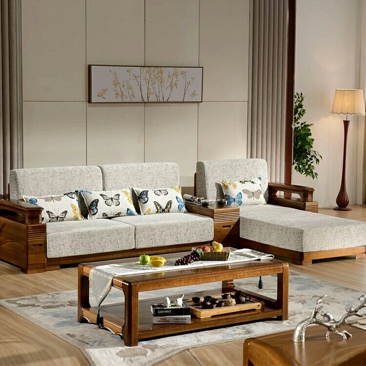 特价胡桃木沙发全纯实木沙发中式木架沙发L型转角贵妃布艺沙发示例图1