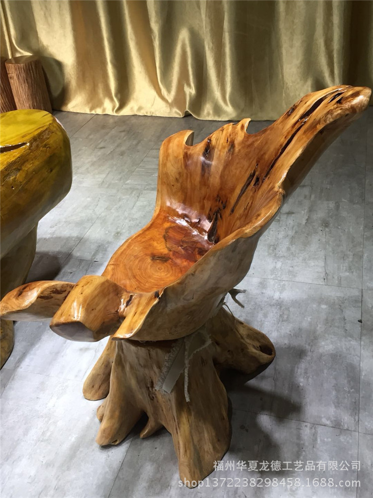 根雕茶几配套椅子原木天然整体树头杉木靠背椅茶桌实木主人位转椅示例图18