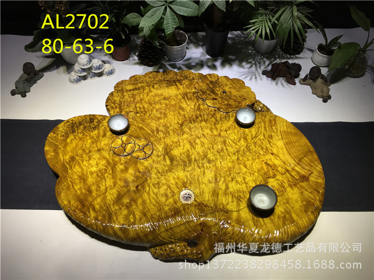 华夏龙德轩缅甸黄金樟茶盘实木整块天然满留疤樱木干泡茶几可定做示例图5