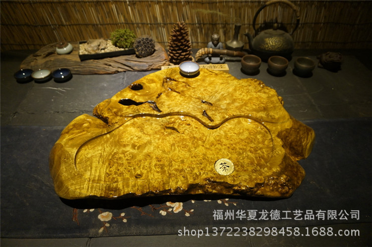 华夏龙德轩缅甸黄金樟茶盘实木整块天然满留疤樱木干泡茶几可定做示例图37