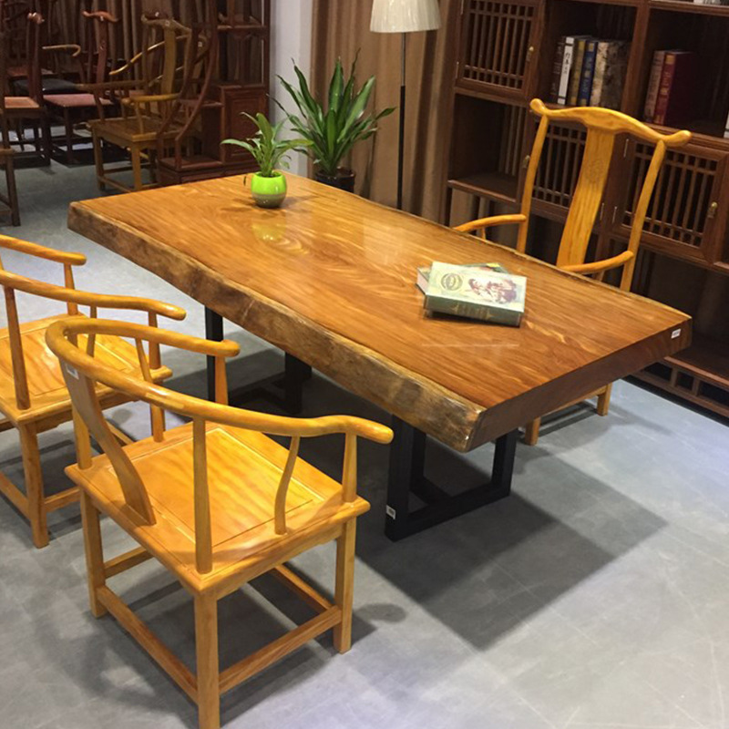 非洲柚木实木大板桌子自然边整块板原木大班台书桌画案简约会议桌示例图13