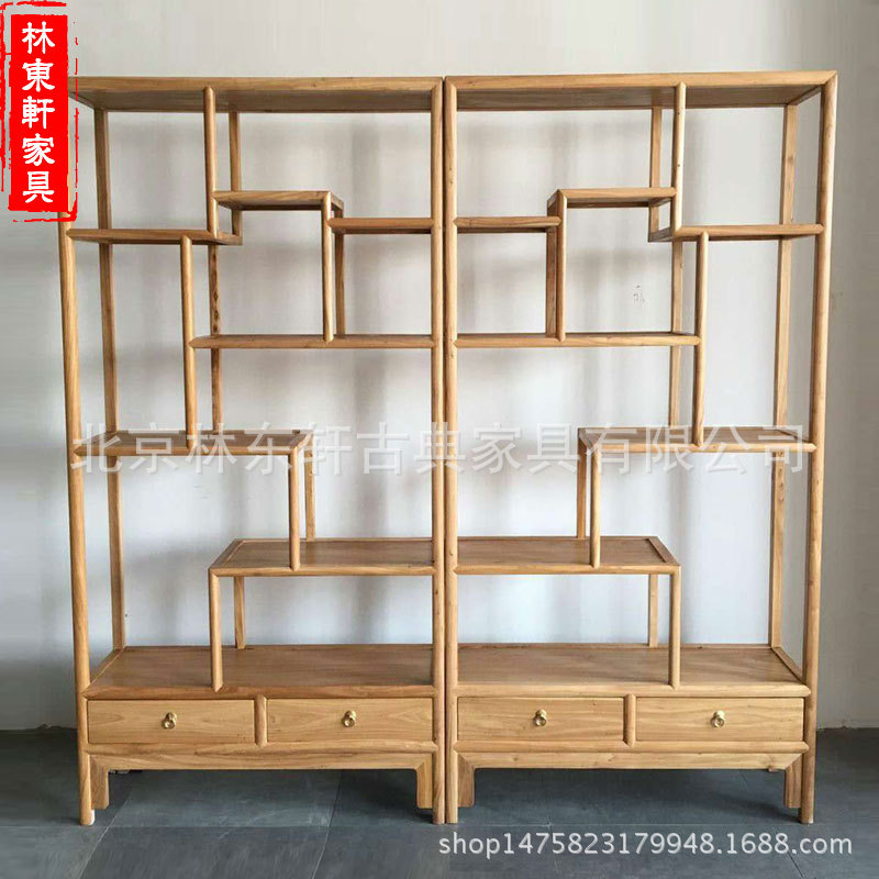 老榆木书柜书架落地博古架现代简约家具实木置物架摆件可定做示例图8