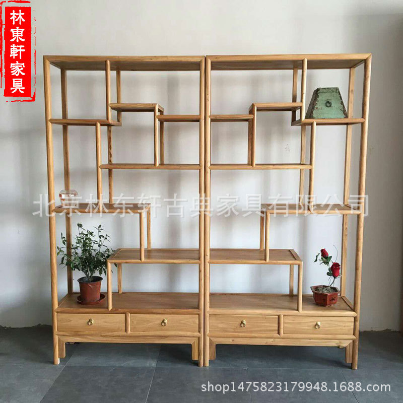 老榆木书柜书架落地博古架现代简约家具实木置物架摆件可定做示例图4