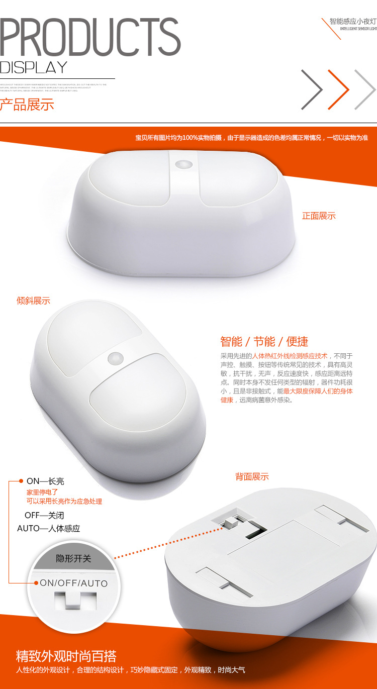 一件代发光控双感应LED小夜灯人体感应灯书柜衣柜过道厨房灯直销示例图11