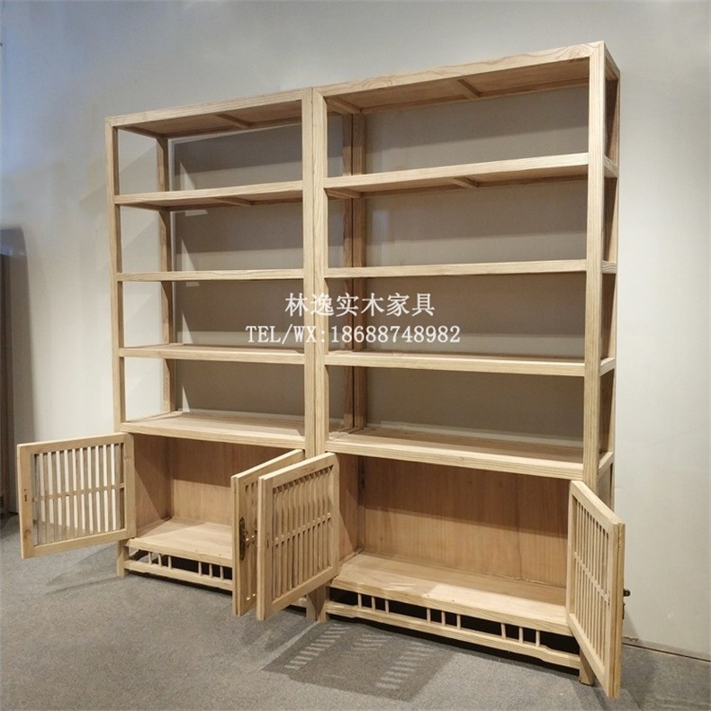 新中式实木简约茶叶展示柜书架置物架老榆木茶柜免漆书柜货架定做示例图4