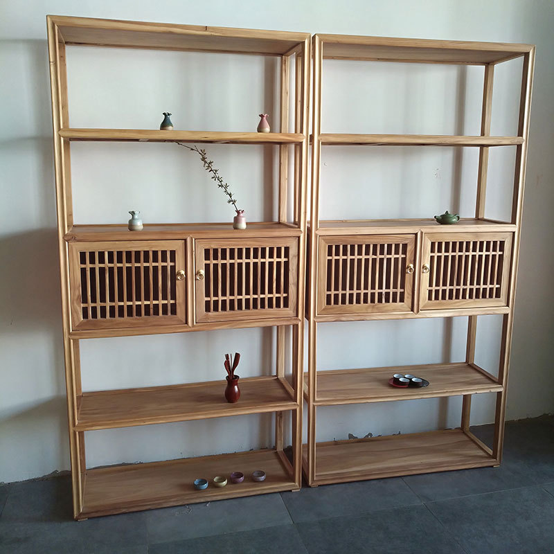 厂家直销榆木书架实木多宝阁禅意展示架新中式茶叶架落地博古架子示例图4