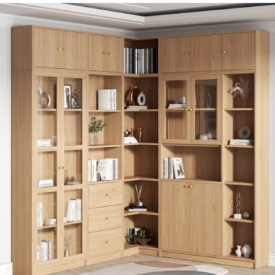 日式原木色书柜自由组合储物现代简约书房北欧客厅玻璃立柜收纳柜